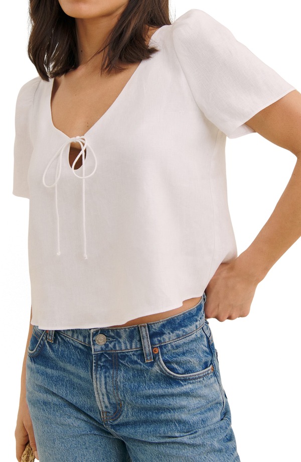 リフォーメーション レディース トップス シャツ リネン Reformation Mayla Tie Keyhole Linen Top White ホワイト｜ReVida 店