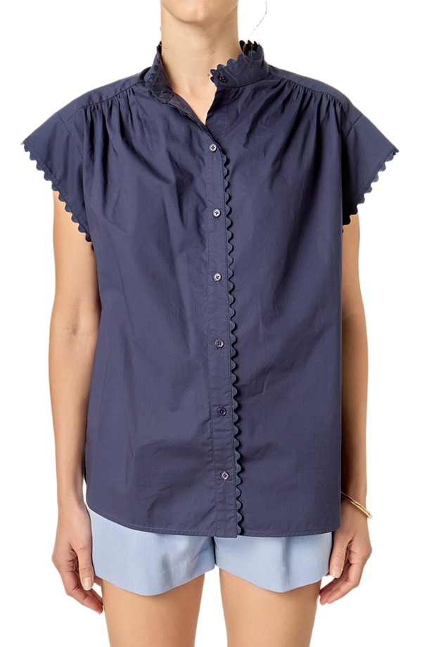 イングリッシュファクトリー レディース トップス シャツ コットン English Factory Rickrack Trim Button-Up Cotton Shirt Navy ネイビー|ReVida 店