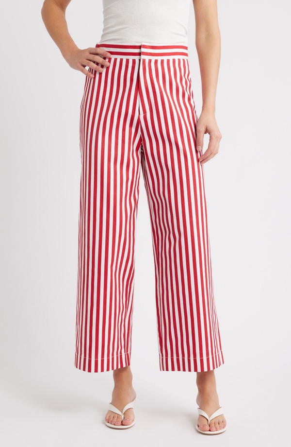 フレンチコネクション レディース ボトムス レギンス ワイドレッグ ズボン下 French Connection Keller Stripe Wide Leg Pants 60-Crimson Red 赤いこと