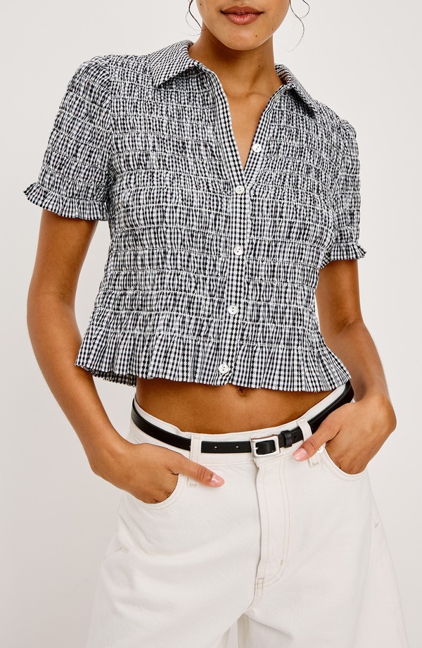 レイルズ レディース トップス プルオーバー Rails Alton Shirred Button-Up Cropeplum Top Black Gingham 黒いこと