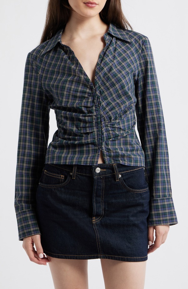 マンゴ レディース トップス シャツ ギャザー MANGO Blusa Galeeno Plaid Ruched Top Blue ブルー|ReVida 店