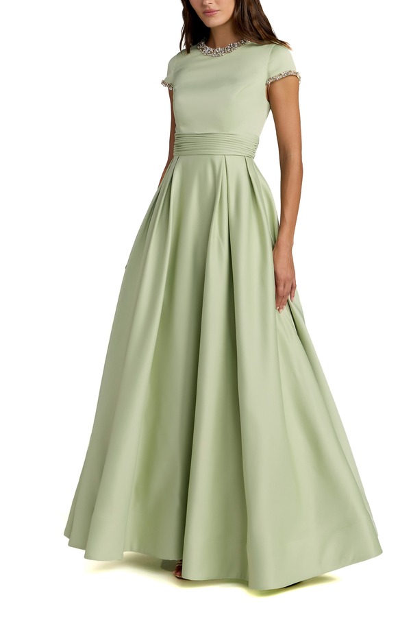 マックダガル レディース トップス ワンピース プチ サテン キャップ Mac Duggal Petitembellished Satin Cap Sleeve Ball Gown Sage セージ|ReVida 店