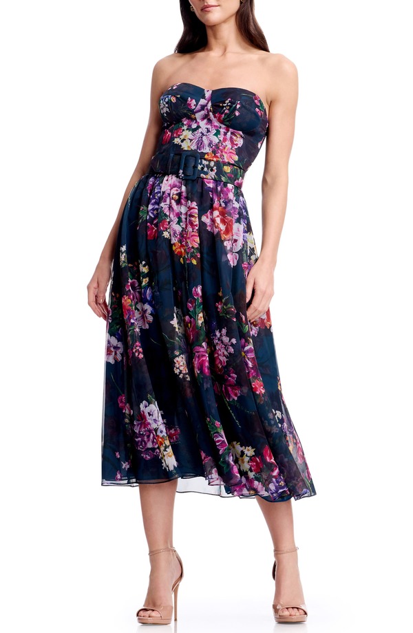 ドレスザポプレーション レディース トップス ワンピース フラワー柄 ストラップレス フラワー Dress the Population Jenny Floral Strapless Fit & Flare Cocktail Dress Peacock Blue Multi ブルー｜ReVida 店