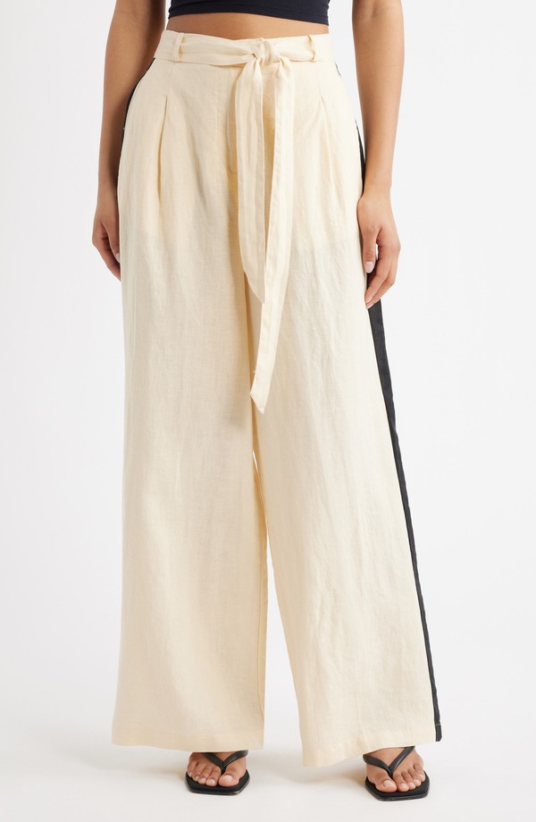 マンゴ レディース ボトムス レギンス ズボン下 リネン MANGO Side Stripe Linen Drawstring Pants Ecru エクリュ