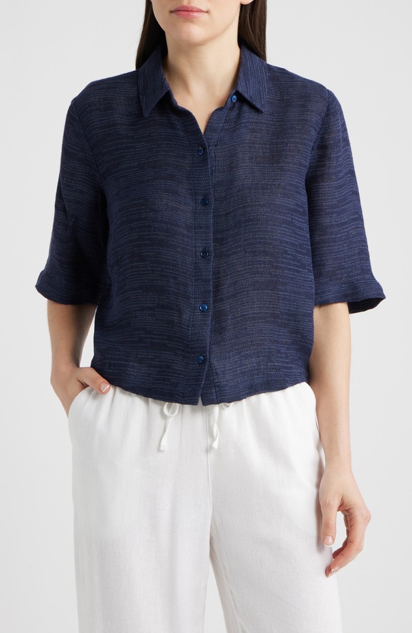 エイリーンフィッシャー レディース トップス プルオーバー リネン Eileen Fisher Short Sleeve Organic Linen Blend Button-Up Shirt Ink
