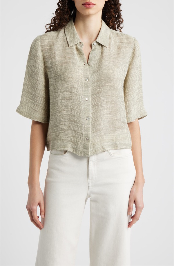エイリーンフィッシャー レディース トップス プルオーバー リネン Eileen Fisher Short Sleeve Organic Linen Blend Button-Up Shirt Natural White 白いこと