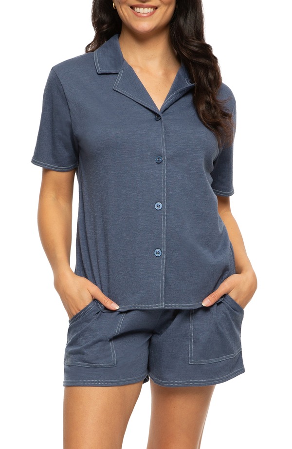 フェリナ レディース アンダーお召しもの ナイト爵お召しもの プルオーバー Felina Josephine Crinkled Jersey Short Pajamas Vintage Indigo インディゴ