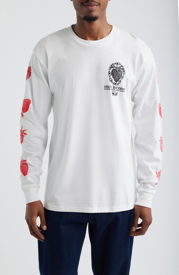 オベイ メンズ トップス Tシャツ コットン グラフィック Obey Strawberry Garden Long Sleeve Cotton Graphic T-Shirt White ホワイト|ReVida 店