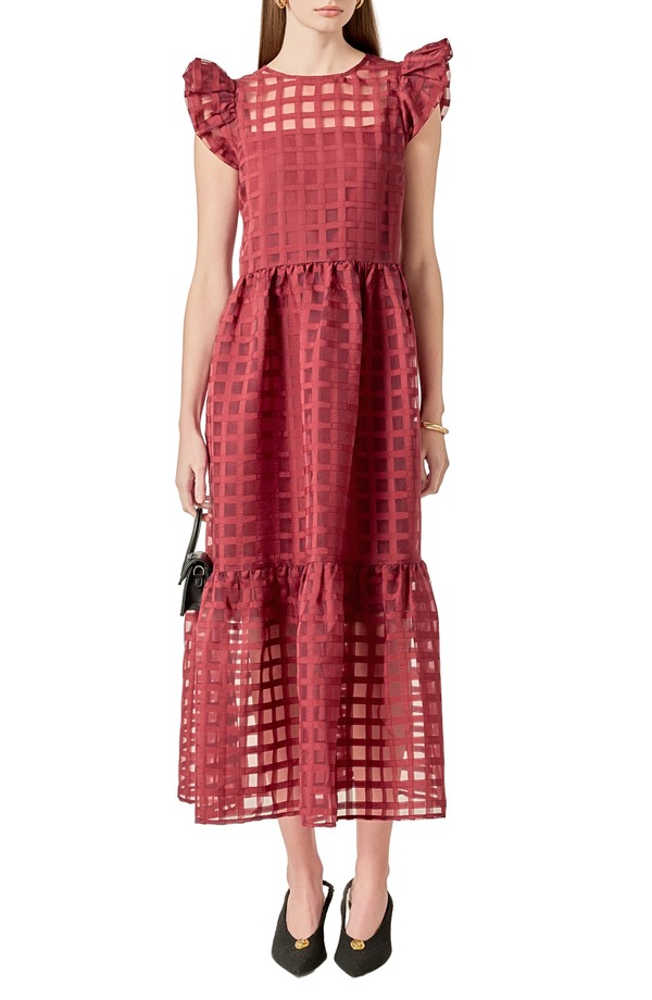 イングリッシュファクトリー レディース トップス ワンピース English Factory Check Organza Dress Maroon マルーン｜ReVida 店