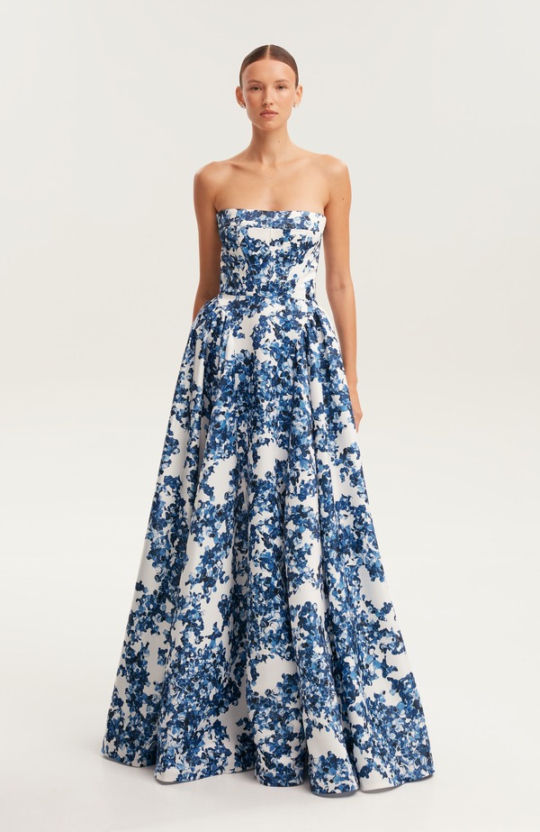 ミルカ レディース トップス 衣装 御花柄 ストラップレス マキシ 御花 Milla Blue Floral Strapless Maxi Eveningown with Corset Bodice Blue 青色