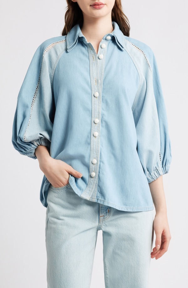 ファーム レディース トップス シャツ デニム FARM Rio Two-Tone Denim Button-Up Shirt Denim デニム｜ReVida 店