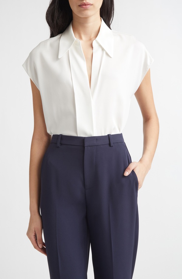 ヴィンス レディース トップス プルオーバー 地絹 旗がしら Vince Cap Sleeve Stretch Silk Button-Up Shirt Chalk 車輪止め