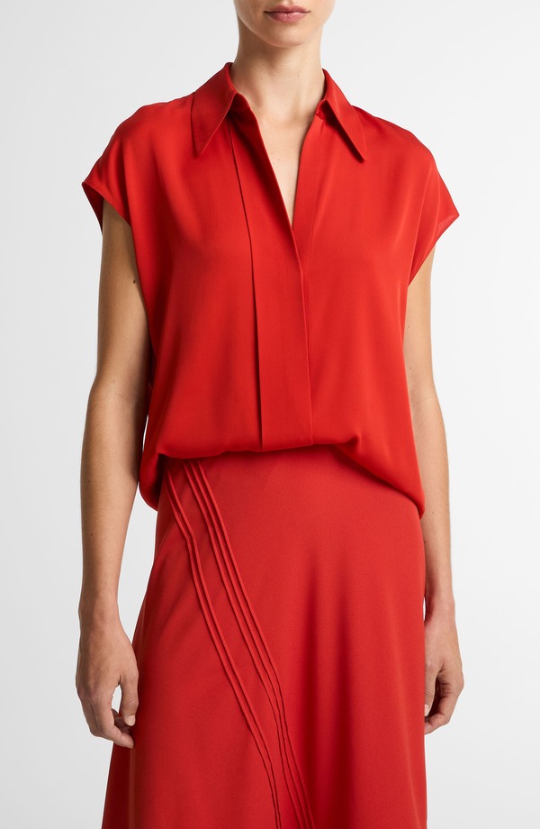 ヴィンス レディース トップス プルオーバー 地絹 旗がしら Vince Cap Sleeve Stretch Silk Button-Up Shirt Poppy