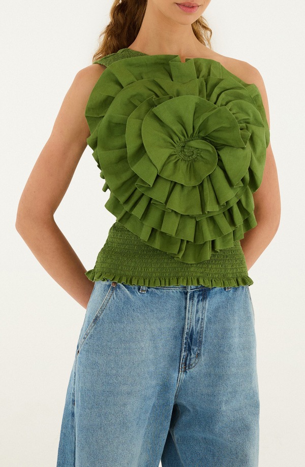 ファーム レディース トップス シャツ フラワー柄 ワンショルダー フラワー FARM Rio Floral One-Shoulder Top Green グリーン｜ReVida 店