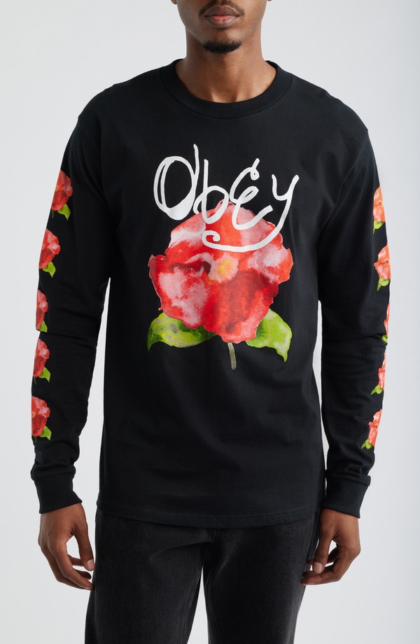 オベイ メンズ トップス Tシャツ コットン グラフィック Obey Watercolor Poppy Long Sleeve Cotton Graphic T-Shirt Black ブラック|ReVida 店