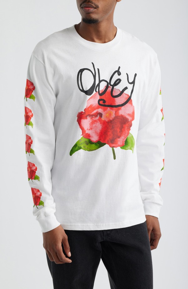 オベイ メンズ トップス Tシャツ コットン グラフィック Obey Watercolor Poppy Long Sleeve Cotton Graphic T-Shirt White ホワイト｜ReVida 店