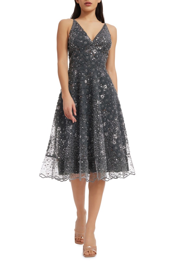 ドレスザポプレーション レディース トップス 衣裳 御花柄 MIDI スパンコール スピード競技 御花 Dress the Population Elisa Sequin Floralace Cocktail Midi Dressteel