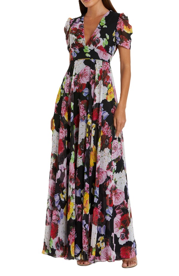 マックダガル レディース トップス ワンピース フラワー柄 プリント メッシュ キャップ フラワー Mac Duggal Floral print mesh cap sleeve gown Black Multi ブラック｜ReVida 店