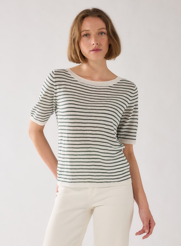 マジェスティック レディース トップス シャツ クルーネック ニット リネン Majestic Filatures Linen Knit Stripelbow Sleeve Crewneck Agave ストライプ|ReVida 店