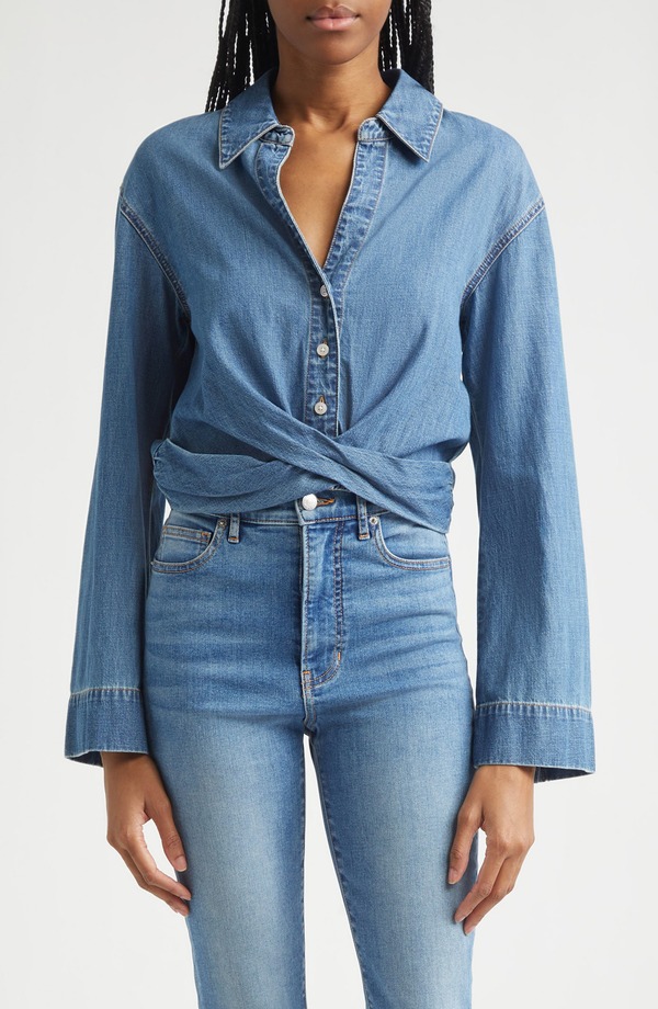 ヴェロニカ ベアード レディース トップス プルオーバー ジーンズ Veronica Beard Timothy Crop Twist Button-Up Denim Shirt Ripple Haze ジーンズ