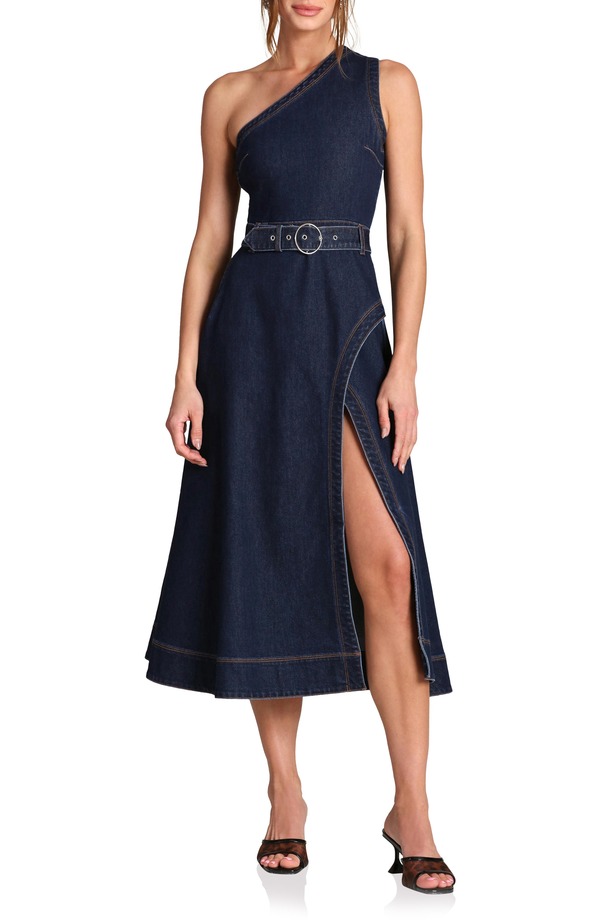 アヴェックレフィーユ レディース ボトムス ジーンズズボン下 midi衣装 midi 一肩先 Avec Les Filles One-Shoulder Denimidi Dress Royal Rinse ジーンズ