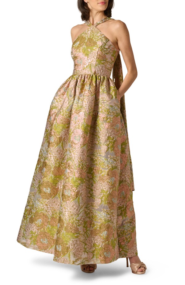 アイダンマットックス レディース トップス 衣裳 御花柄 トール 御花 ホルター Aidan Mattox Metallic Floral Jacquard Halter Gown Pink Multi さくら色