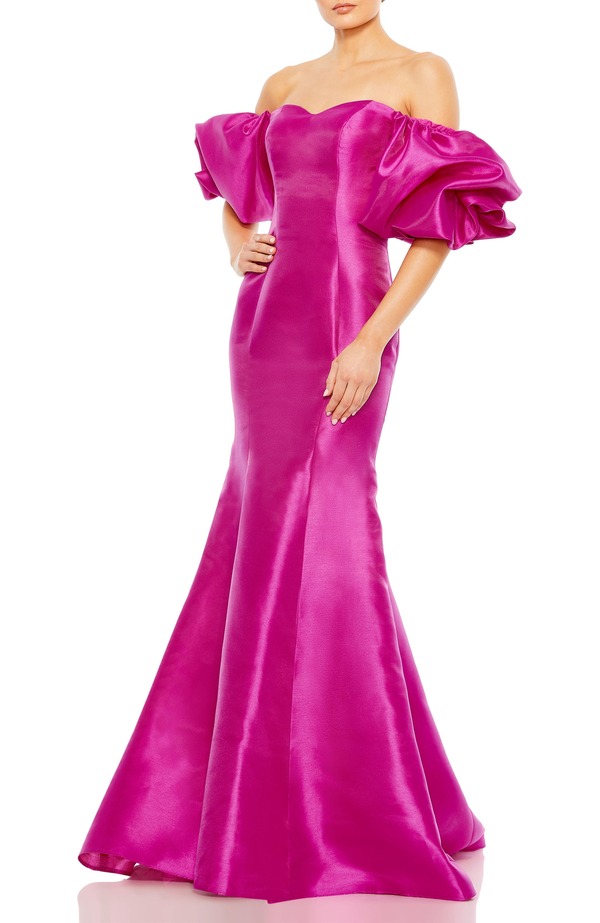 マックダガル レディース トップス ワンピース Mac Duggal Women'sweetheart Off The Shoulder Puff Sleeve Gown Fuchsia フューシャ｜ReVida 店