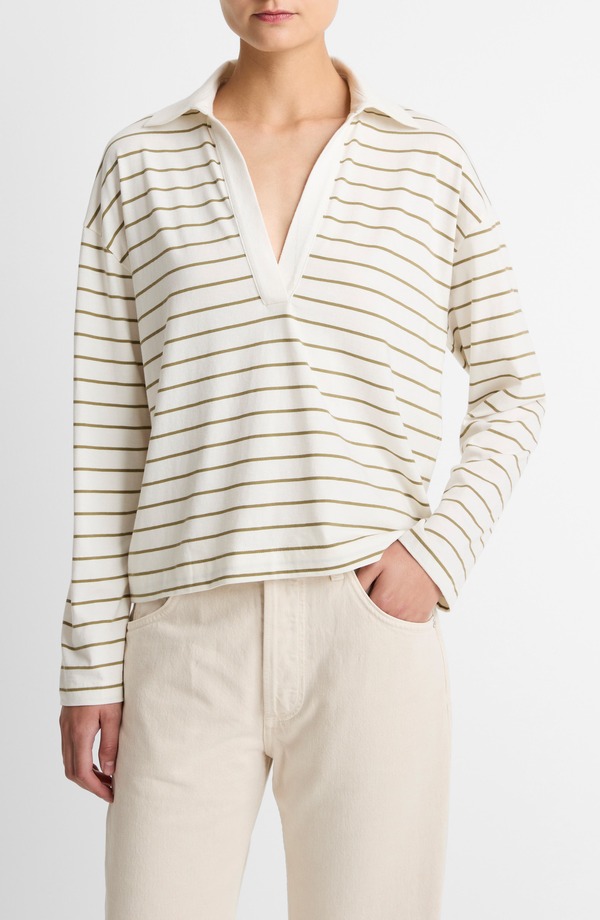 ヴィンス レディース トップス プルオーバー Vince Stripe Johnny Collar Pololive Stone Combo オリーブ