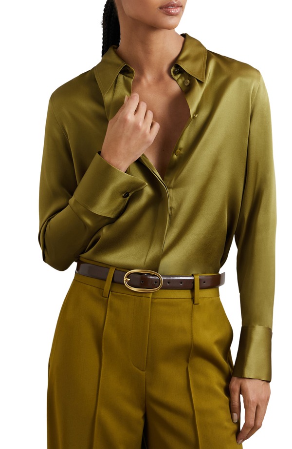 レイス レディース トップス プルオーバー 繻子 地絹 Reiss Ameira Silk Satin Button-Up Shirt Light Green 緑であること