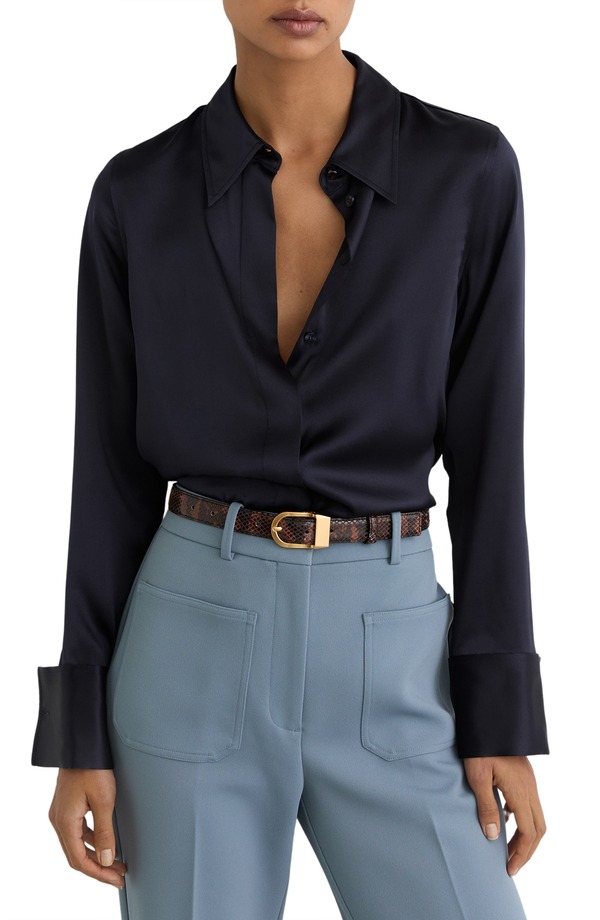 レイス レディース トップス プルオーバー 繻子 地絹 Reiss Ameira Silk Satin Button-Up Shirt Navy 米国海軍