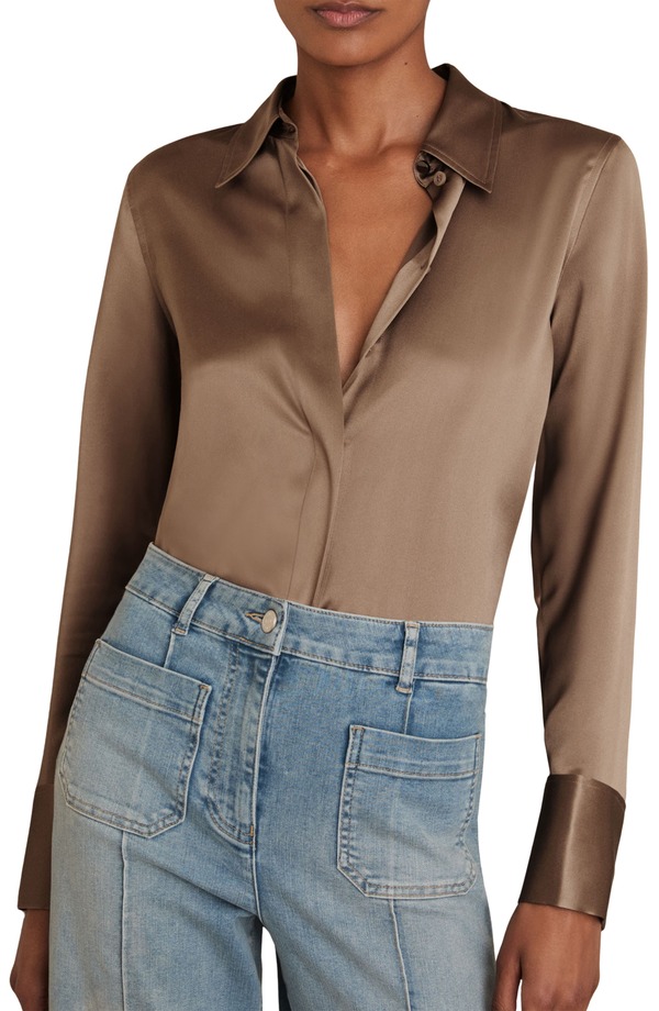 レイス レディース トップス プルオーバー 繻子 地絹 Reiss Ameira Silk Satin Button-Up Shirtaupe Brown 赤銅色