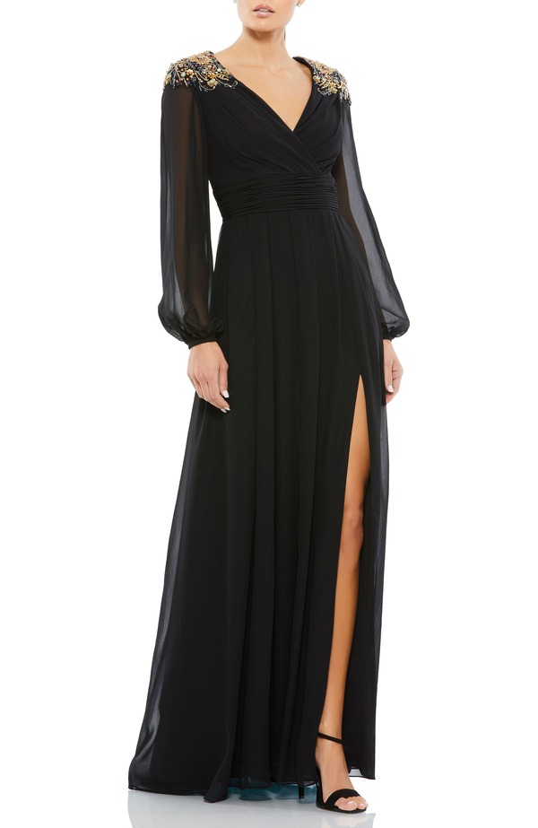 マックダガル レディース トップス ワンピース Mac Duggal Embellished Shoulder Blouson Sleeveningown Black Gold ブラック｜ReVida 店