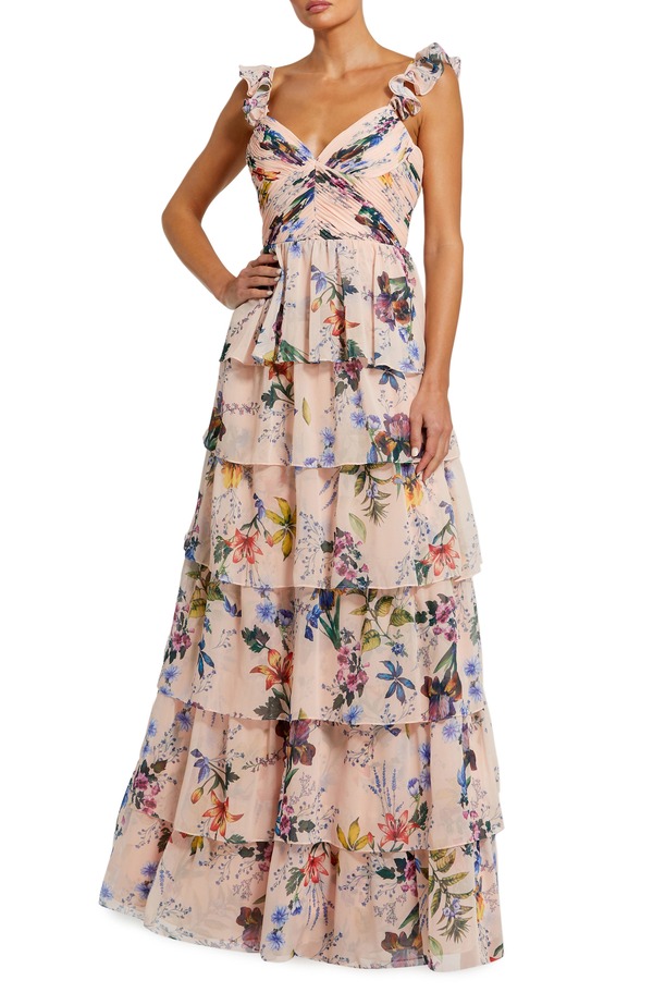 マックダガル レディース トップス ワンピース ティアード シフォン フラワー柄 プリント フリル ノースリーブ フラワー Mac Duggal Women's Ruffle Sleeveless Chiffon Tiered Floral Print Gown Pink Multi ピンク｜ReVida 店