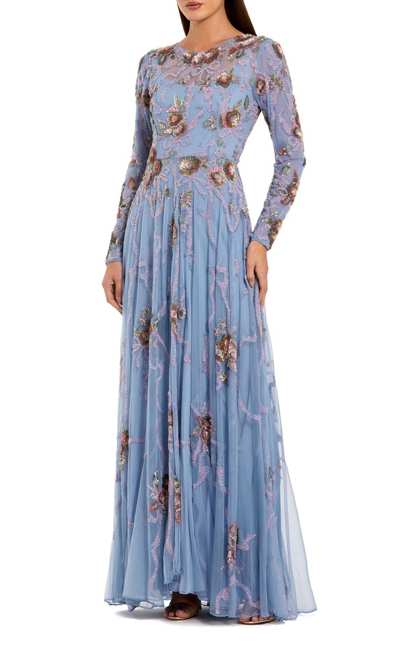 マックダガル レディース トップス ワンピース A ライン フラワー柄 フラワー Mac Duggalong Sleevembellished Floral A-Lineveningown Slate Blue スレート｜ReVida 店