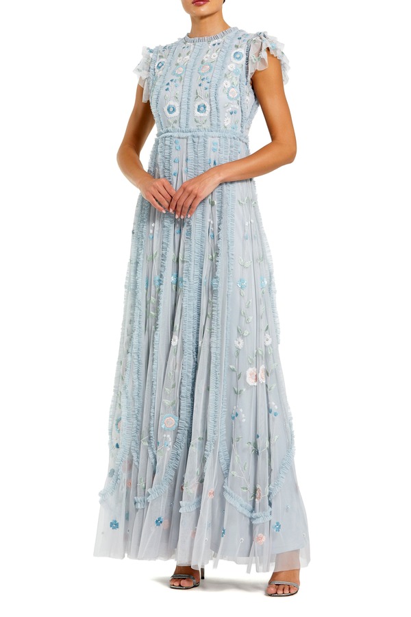 マックダガル レディース トップス ワンピース フラワー柄 刺繍 マキシ フラワー Mac Duggal Floral Embroidered Flutter Sleeve Maxi Gown Powder Blue ブルー｜ReVida 店