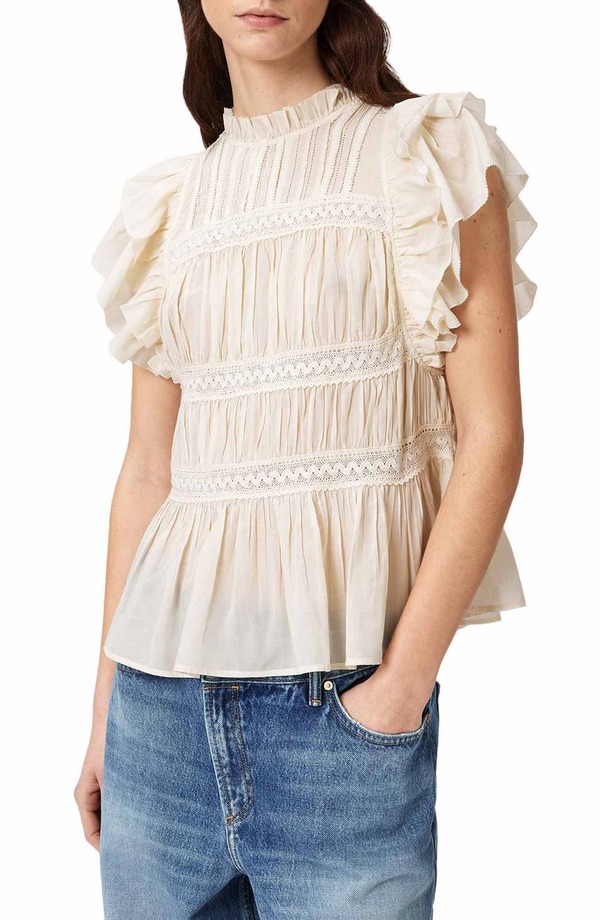 オールセインツ レディース トップス プルオーバー スピード競技刈り込み スピード競技 AllSaints Harriet Lace Trim Shirred Flutter Sleeve Peplum Top Dove White 白いこと