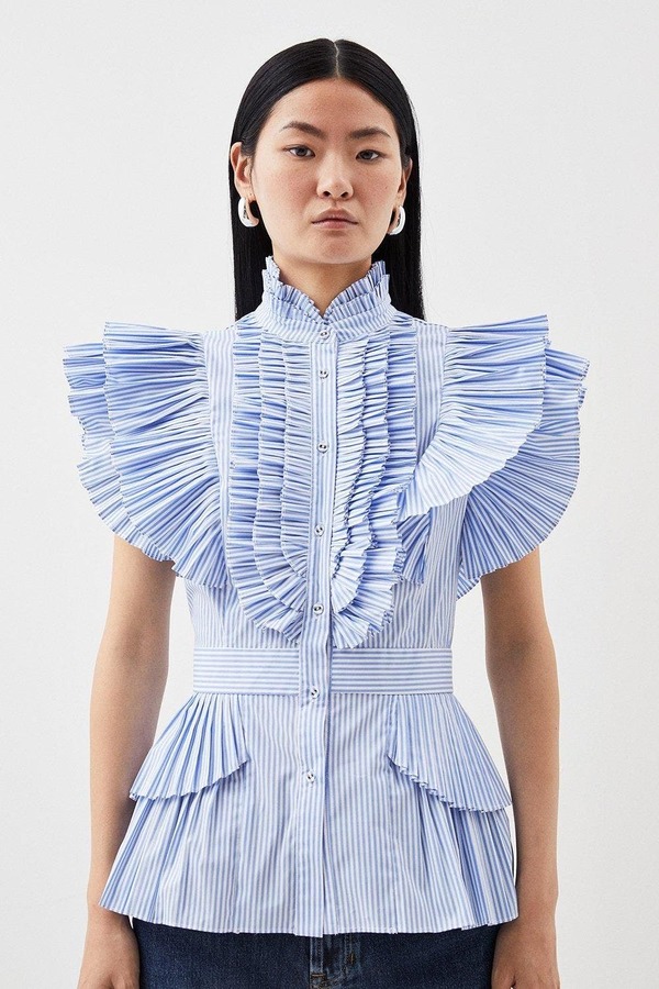 カレンミレン レディース トップス プルオーバー 筋目 フラウンス 北の方ロバート・エドワード・リートップ Karen Millen Sleevelesstriped Pleated Ruffle Blouse Stripe 縞模様