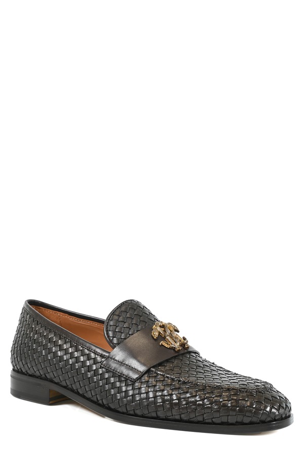 ロベルトカヴァリ メンズ シューズ 置き目毛皮 Roberto Cavalli Cocco Woven Loafer Black 黒いこと