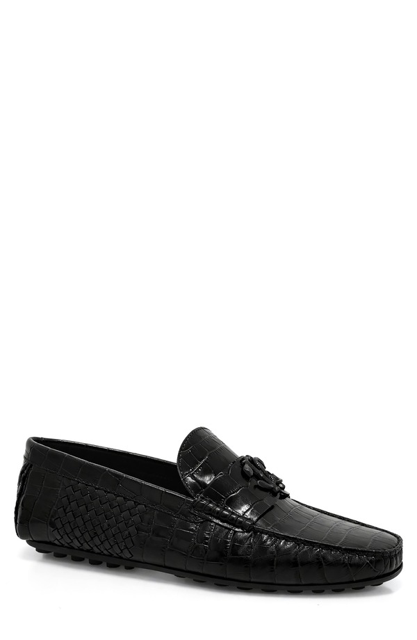 ロベルトカヴァリ メンズ シューズ 置き目毛皮 Roberto Cavalli Cocco Woven Croc Embossedriving Loafer Black 黒いこと