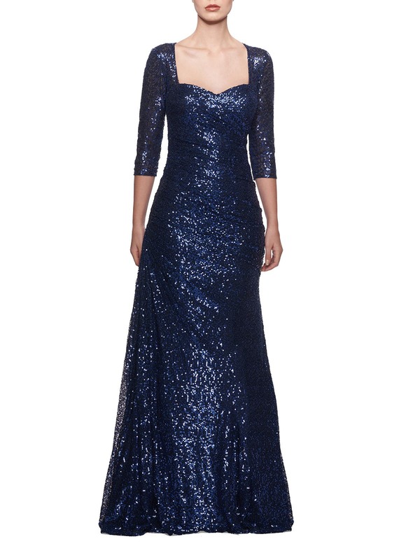 ラフェム レディース トップス ワンピースパンコール La Femme Floor Length Sequin Gown with Ruching and Sleeves Navy ネイビー|ReVida 店