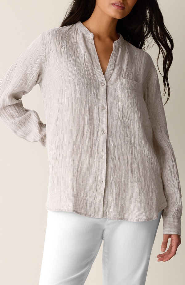 エイリーンフィッシャー レディース トップス プルオーバー リネン Eileen Fisher Mandarin Collar Long Sleeve Organic Linen Button-Up Shirt Wheat