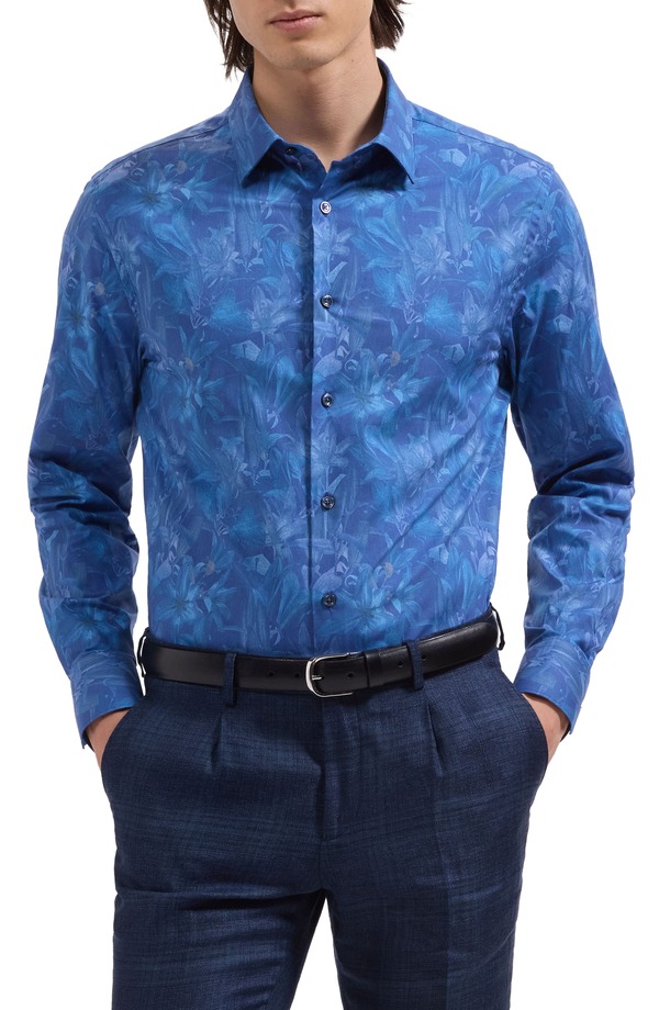 ブガッチ メンズ トップス シャツ フラワー柄 コットン フラワー Bugatchi Julian Shaped Fit Floral Stretch Cotton Button-Up Shirt Classic Blue ブルー