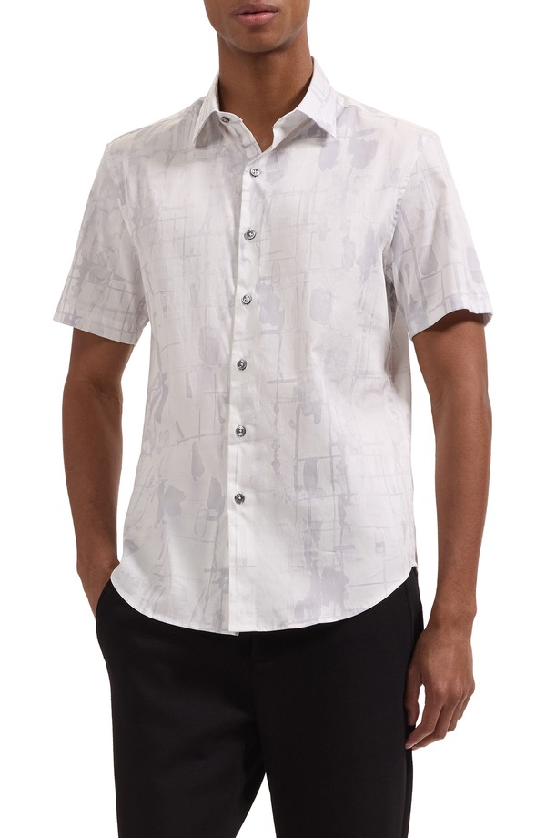 ブガッチ メンズ トップス シャツ コットン Bugatchi Orson Shaped Fit Short Sleeve Stretch Cotton Button-Up Shirt Platinum
