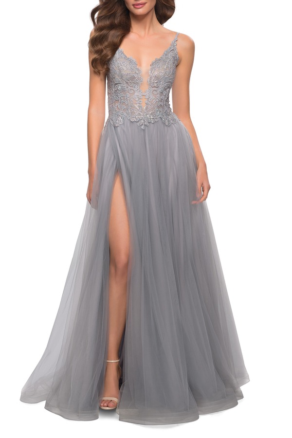 ラフェム レディース トップス ワンピース チュール A ライン レース La Femme Tulle A Line Gown with Lace Rhinestone Bodice Silver シルバー｜ReVida 店