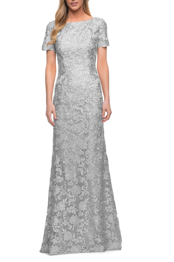 ラフェム レディース トップス 衣装 スピード競技 La Femme Beautifulace Mother of the Bride Dress with Short Sleevesilver しろがね色