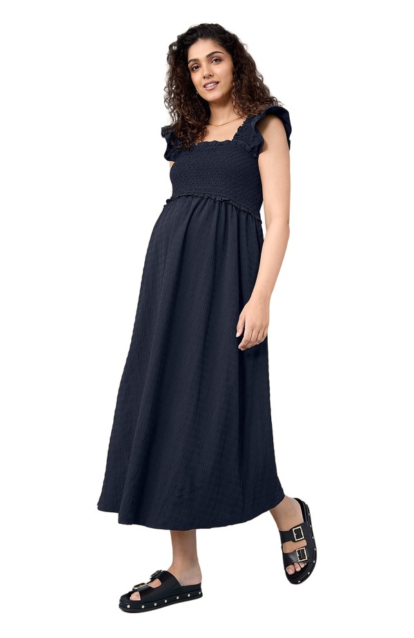 マザーフッドマタニティー レディース トップス ワンピース フリル ノースリーブ シャーリング マキシ MOTHERHOOD MATERNITY Sleeveless Ruffle Shoulder Smocked Maxi Dress Black ブラック｜ReVida 店
