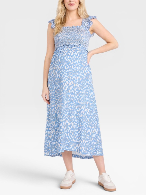 マザーフッドマタニティー レディース トップス ワンピース フリル ノースリーブ シャーリング マキシ MOTHERHOOD MATERNITY Sleeveless Ruffle Shoulder Smocked Maxi Dress Blue Cheetah ブルー｜ReVida 店