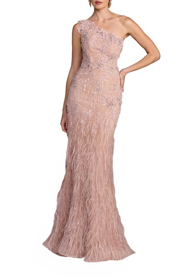 マックダガル レディース トップス 衣裳 スピード競技 Mac Duggal Embellished Lace One Shoulder Feather Gown Vintage Lilac 紫はしどい