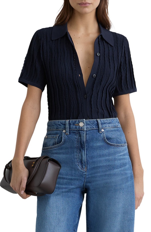 レイス レディース トップス プルオーバー 編み物 Reiss Audrey Texture Knit Button-Up Shirt Navy 米国海軍