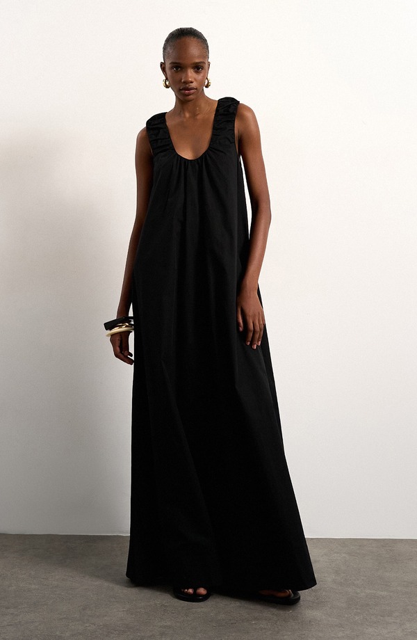 とっ始め販売店 レディース トップス 衣装 ギャザー 綿織物 マキシ Topshop Ruched Cotton Poplin Maxi Dress Black 黒いこと